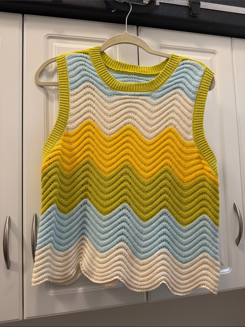 Chevron Knit Sleeveless Top in Yellow, Light Blue & Cream with Green Trim